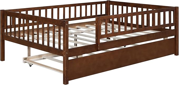 Bellemave Full Size Bed Frames with Rails for Kids, Full daybed Frame with Trundle for Boys/Girls/Adults,Walnut