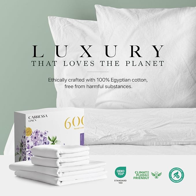 Carressa Linen California King Egyptian Cotton Sheet Sets - 600 Thread Count Cal King Cotton Sheet Set (4 PC, Crisp White) Extra Soft, Cooling, 16" Deep Pocket Sateen Weave Luxury Hotel Bed Sheets