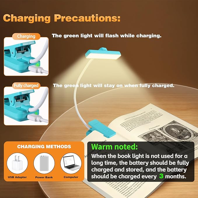 VAVOFO Rechargeable Book Light Rotatable:24 LEDs Reading Light, 3-Color & 9-Brightness Book Lamp, Eye Cared 120Hrs Runtime Lightweight Clip on Led Light for Book Lovers (Blue)