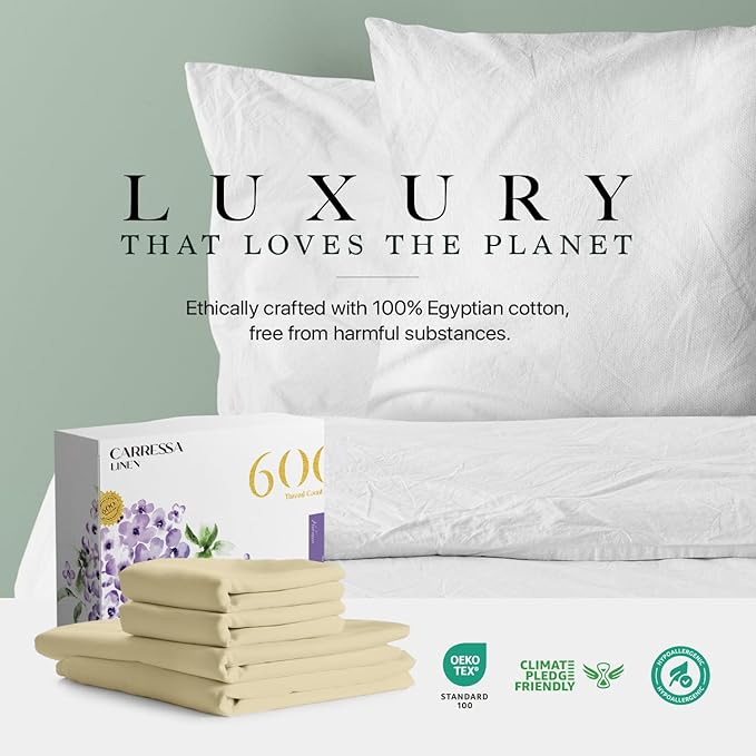 Carressa Linen 100% Egyptian Cotton King Size Sheets Set - 600 Thread Count Egyptian Cotton Queen Sheets King Size (4 PC, Beach Sand), Soft, Cooling, 16" Deep Pocket Sateen Weave Luxury Bed Sheet Set