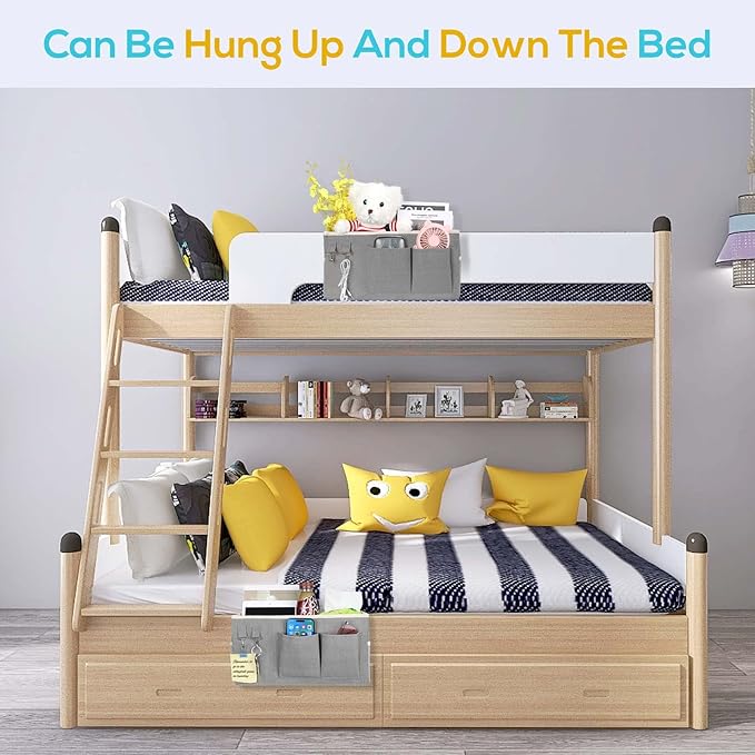 Kanrichu 2pcs Bedside Caddy Hanging Storage Bag, Water Cup Holders, Organizer Baskets with Pockets for Bunk Bed Shelf, Hospital Beds, Loft & Dorm Rooms Accessories (Bedside bag-Grey)