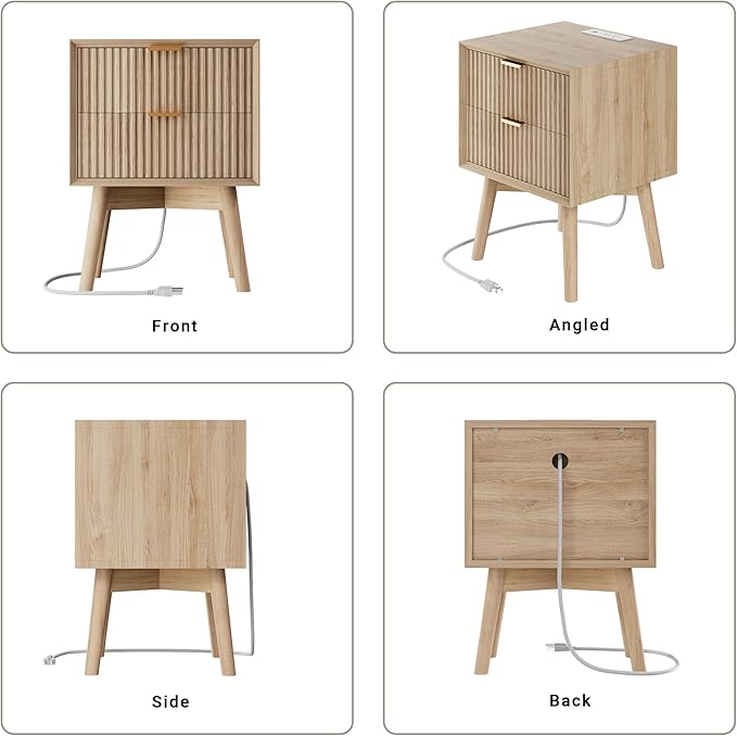 Fluted Nighstand, Beveled Edges Night Stand, 2 Drawer Nightstand with Charging Station, Modern End Table with Solid Wood Legs, Wooden Bedside Table for Bedroom Sofa Home Office, Natural Oak