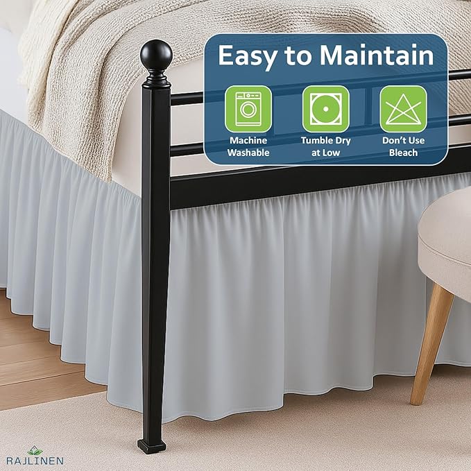 Rajlinen Ruffled Bed Skirt Queen, 24 Inch Drop Dust Ruffle with Split Corners, 100% Microfiber Bedskirt with Platform, Three-Sided Coverage Ruffled Gathering Design, Light Grey