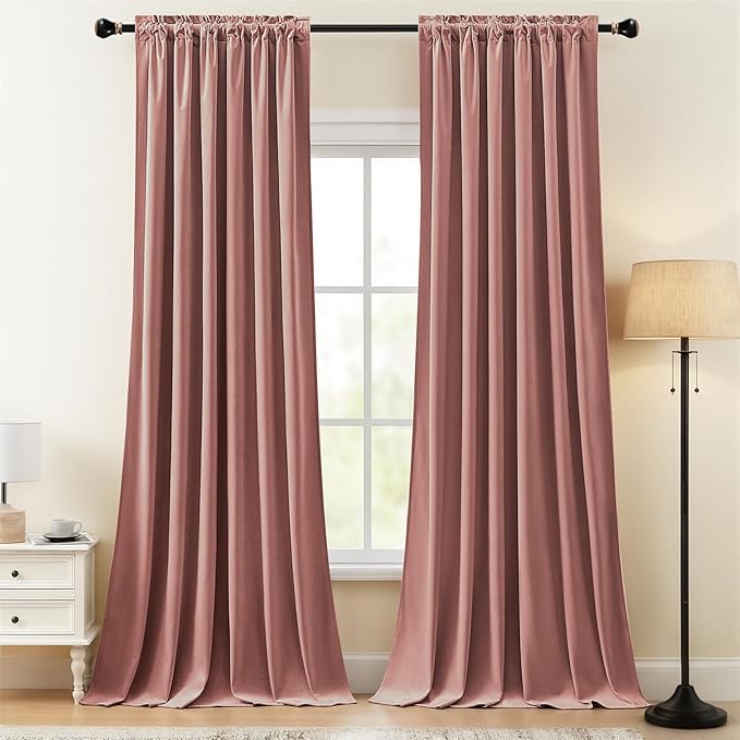Dusty Rose Pink Velvet Curtains for Girls Bedroom, Thermal Insulated Room Darkening Velvet Curtain 84 Inches Long Luxury Window Drapes for Living Room, Back Tab Rod Pocket, W52 x L84, 2 Panels