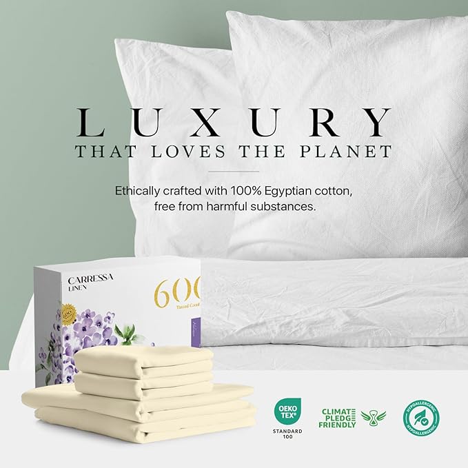 Carressa Linen 100% Egyptian Cotton Queen Sheet Set - 600 Thread Count Egyptian Cotton Queen Sheets Set (4 PC, Ivory Cream), Ultra Soft, Cooling, 16" Deep Pocket Sateen Weave Luxury Hotel Bed Sheet