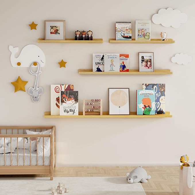 Fun Memories Picture Ledge Shelf, 24 Inch Floating Shelves Set of 2, Nursery Book Shelves for Toys Storage, Kids Bookshelf Wall Mounted for Wall Decor Books Photo Frames, Oak