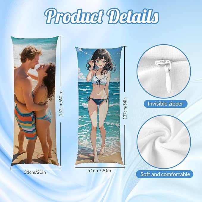 Custom Body Pillow, Body Pillow Case, Double-Sided Design, Custom Pillows with Picture, for Birthdays, Valentine's Day, Christmas, Wedding Anniversaries(60in*20in)
