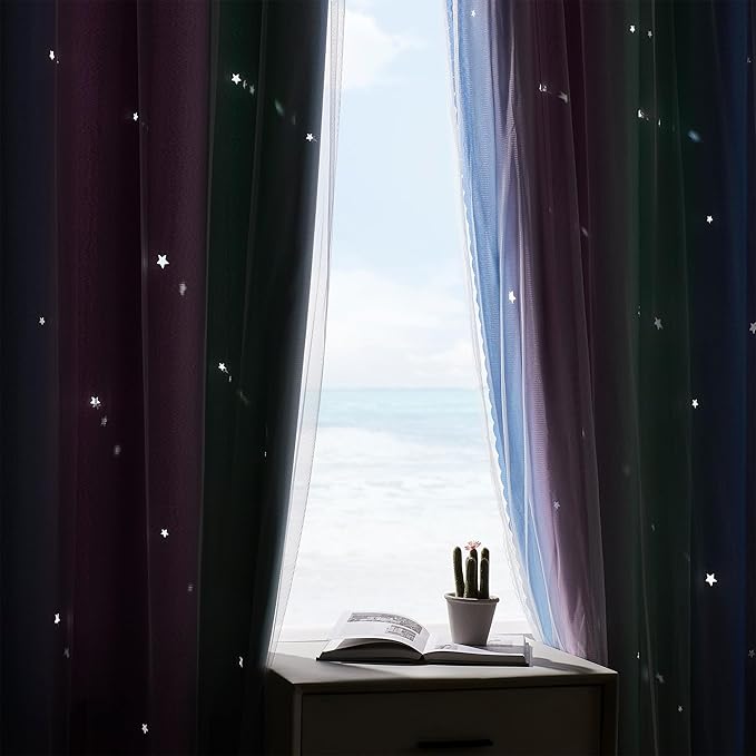XiDi Blue & Rainbow Curtains for Kids & Girl Rooms - Blackout, Purple & Green 34x72 Inch Long 1 Panel with Unicorn Wall Decals