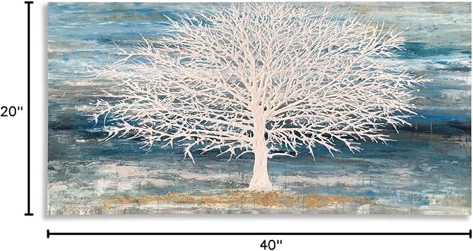 RICHSPACE ARTS Modern Tree Canvas Wall Art Teal Blue and White Pictures Large Abstract Decor Framed Landscape Oil Painting Artwork with 3d Texture and Gold Foil for Living Room Bedroom(20W*40L