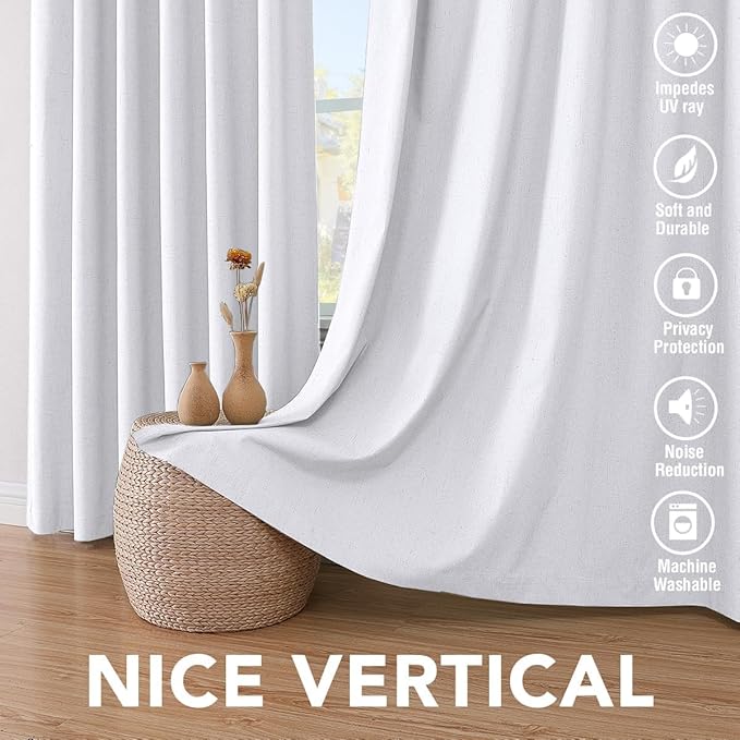 H.VERSAILTEX Linen Curtains 100% Blackout Curtains for Bedroom 90 inch Long Full Light Blocking Nature Linen Blended Window Curtains for Living Room Nickel Grommet (2 Panels, Bright White)