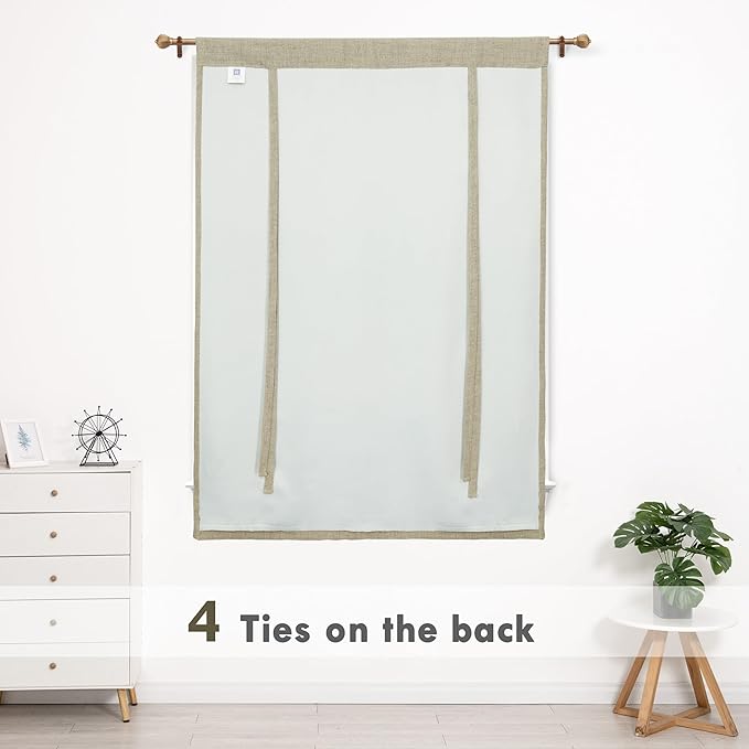 DriftAway Double Layer Linen Blackout Tie Up Curtains Thermal Insulated Fully Lined Balloon Roman Shade Bathroom Window Adjustable Rod Pocket for Small Window 31 Inch by 47 Inch Light Khaki Linen