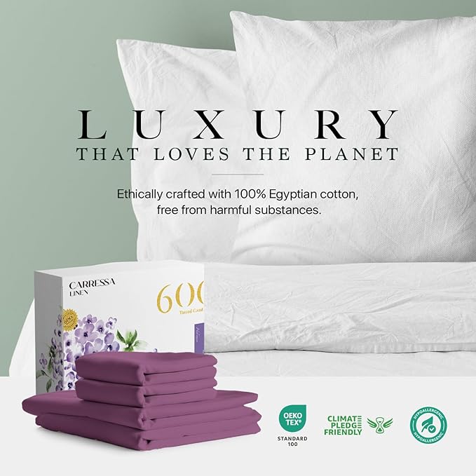 Carressa Linen 100% Egyptian Cotton Full Size Sheets - 600 Thread Count Full Size Egyptian Cotton Sheets (4 PC, Plum Purple), Soft, Cooling, 16" Deep Pocket Sateen Weave Luxury Hotel Bed Sheet Set