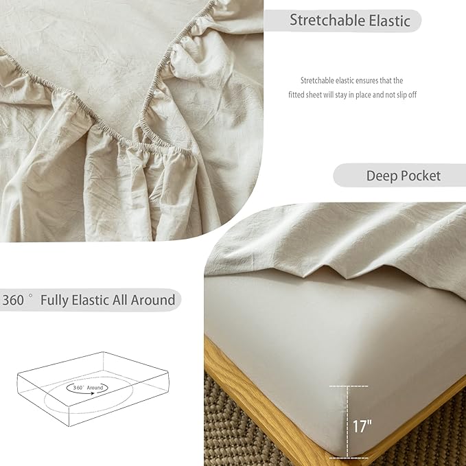 MooMee Fitted Bottom Sheet Only 100% Washed Cotton Linen Like Textured Breathable Durable Soft Comfy Deep Pocket Fits Mattress up to 17" (Cream Grey, California King)