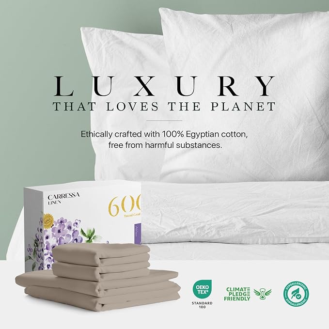 Carressa Linen 100% Egyptian Cotton Queen Sheet Set - 600 Thread Count Egyptian Cotton Queen Sheets Set (4 PC, Cocoa Taupe), Ultra Soft, Cooling, 16" Deep Pocket Sateen Weave Luxury Hotel Bed Sheet