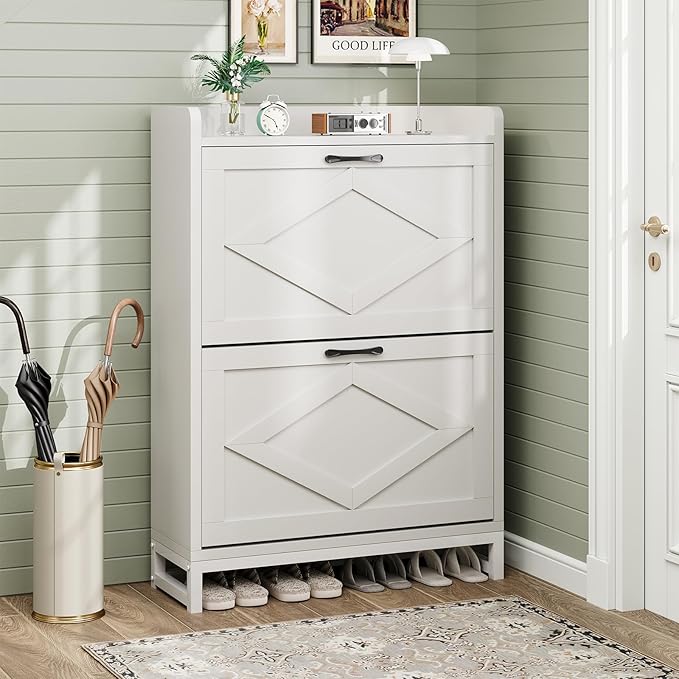 Shoe Cabinet, Shoe Storage Cabinet with 2 Flip Drawers & Adjustable Shelf, Space-Saving Shoe Organizer – Holds 12+ Pairs, Narrow Shoe Cabinet Storage for Entryway/Hallway(White)