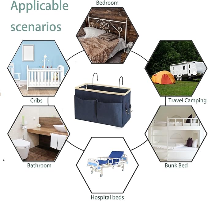 Someteth Bedside Caddy Bedside Hanging Storage Basket Multi-Function Organizer Caddy for Bunk and Hospital Beds Dorm Rooms Bed Rails, Can be Placed Glasses Books Mobile Phones(2pc Navy Blue)