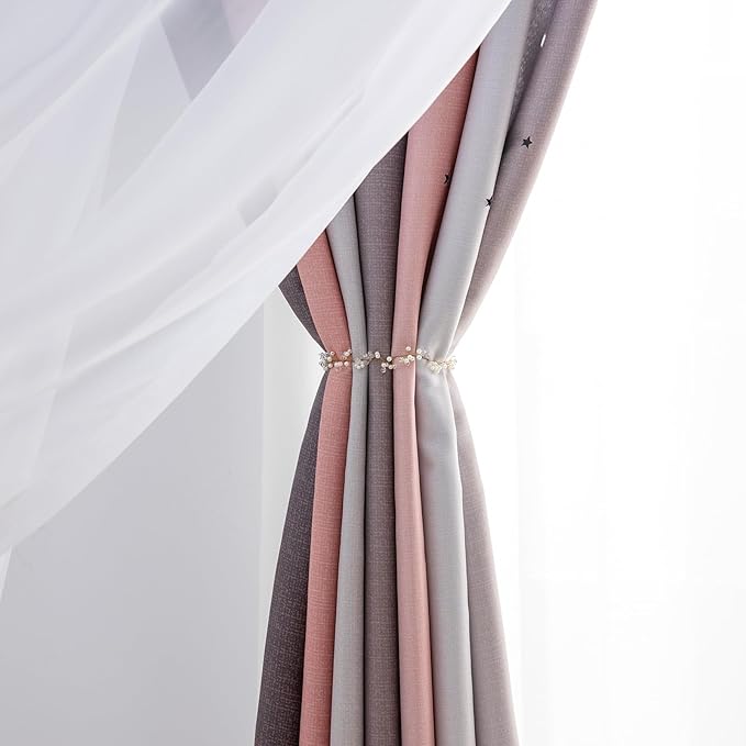 Star Blackout Curtains for Bedroom - Cute Kids Rainbow Curtains, 108 Inch Long 2 Panels, Pink & Grey
