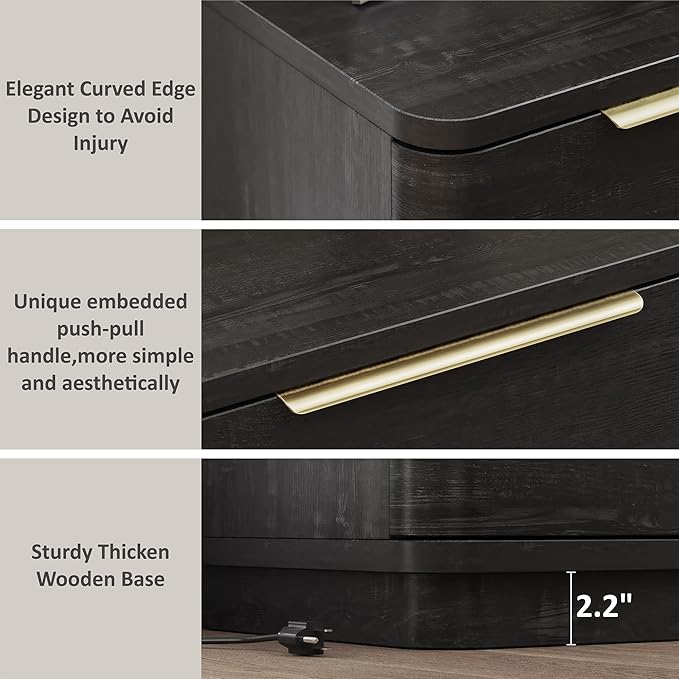Black Nightstands Set of 2, Bedside Table with 3 Storage Drawers, 24" Tall Wood Night Stand with Charging Station, Modern Wide End Table Side Table W/Metal Handle Curved Profile for Bedroom