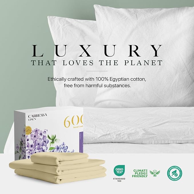 Carressa Linen 100% Egyptian Cotton Twin XL Sheets Set - 600 Thread Count Luxury Egyptian Cotton Sheets Twin XL Size (3 PC, Beach Sand), 16" Deep Pocket, Soft, Cooling, Sateen Weave Dorm Room Bedding