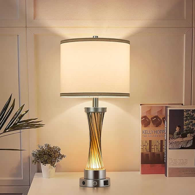 3-Way Dimmable Table Lamp Set of 2,Touch Control Lamp with Night Light,Modern Crystal Table Lamps for Bedroom,Living Room,Bedside Lamps with USB A+C Ports,Fabric Lampshade(Blubs Included)