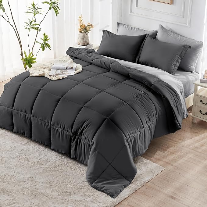 JOLLYVOGUE Twin XL Comforter Set, Ultra-Soft Bed in a Bag Twin XL Size 5 Pieces, Oeko-TEX Certified Bedding Set with Down Alternative Comforter, Sheets, Pillowcases & Shams, Dark & Light Grey