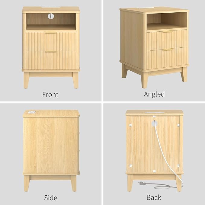 Night Stand with Charger Station, Fluted Nightstand with Drawers and Storage Shelf, Mid Century Modern Bedside Table Nightstands, Large Bed Side Table Wood Night Stands for Bedroom Living room