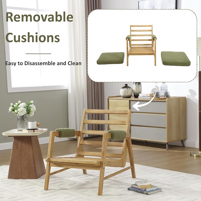 HEAH-YO Modern Accent Chair, Upholstered Boucle Fabric Living Room Chair with Wooden Frame, Comfy Armchair with Thick Cushion for Bedroom Balcony, Green