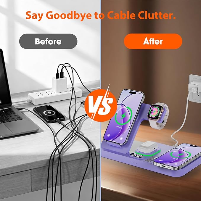 Dual Phone Magnetic Wireless Charging Station for Apple Devices/Apple Ecosystem,with Auto-Switch 7-Color Light & Clock, Compatible with iPhone 17/16/15, for iWatch 11/10/9 & AirPods Pro3(Puple