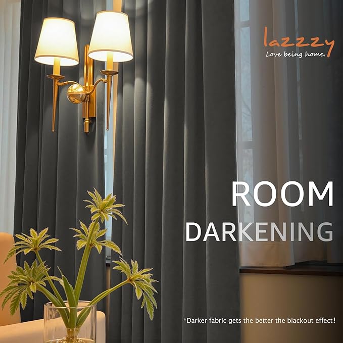 Lazzzy Velvet Blackout Curtains Thermal Insulated Room Window Drapes Super Soft Luxury Curtains for Living Room Bedroom Rod Pocket 2 Panels, Grey, 52" W x 63" L