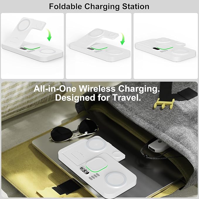 Dual Phone Magnetic Wireless Charging Station for Apple Devices/Apple Ecosystem,with Auto-Switch 7-Color Light & Clock, Compatible with iPhone 17/16/15, for iWatch 11/10/9 & AirPods Pro3(White