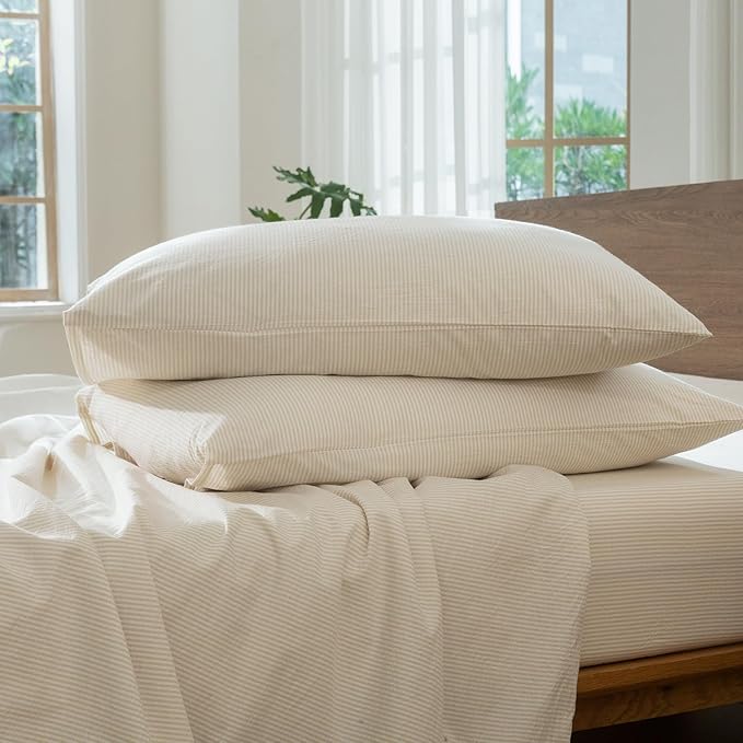 MooMee Striped Duvet Cover Set 100% Washed Cotton Linen Like Textured Breathable Durable Soft Comfy (Almond Milk Grey Pinstripes, Queen 90"x90")