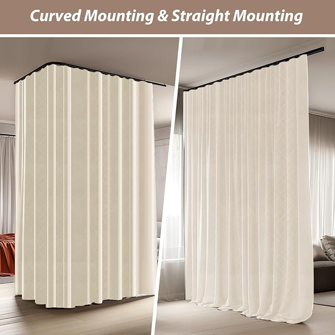 Room Divider Curtains with Ceiling Curtain Track Set Window Curtain for Bedroom,Living Room Total Blackout Thermal Insulated Privacy Ceiling Track Curtain W 12 × H 8 FT Beige drape&Black track