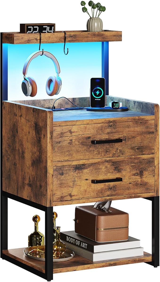 VIAGDO Nightstand with Charging Station and LED Lights, Rustic Brown Bedside Night Stands with 2 Drawers and Open Storage Shelves, Modern End Side Tables for Bedroom,Office