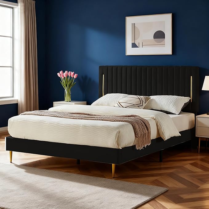 Full Platform Bed Frame, Velvet Upholstered Bedframe with Vertical Channel Adjustable Headboard, Golden Plating Trim, Mattress Foundation with Wooden Slats, No Box Spring Needed, Black
