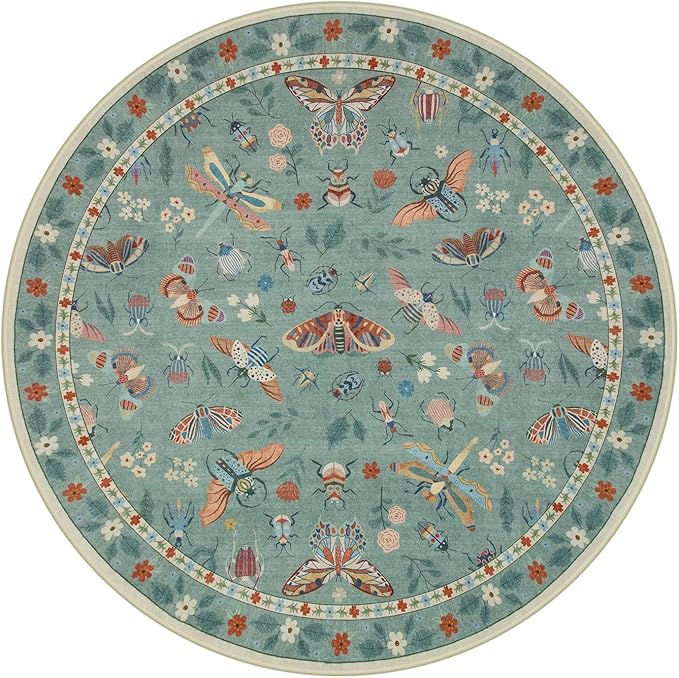 Lahome Insect Washable Round Rugs, Non-Slip Soft Round Rug 4ft Ultra-Thin, Small Boho Circle Carpet for Entryway Kitchen Bedroom Nursery Bathroom, Green
