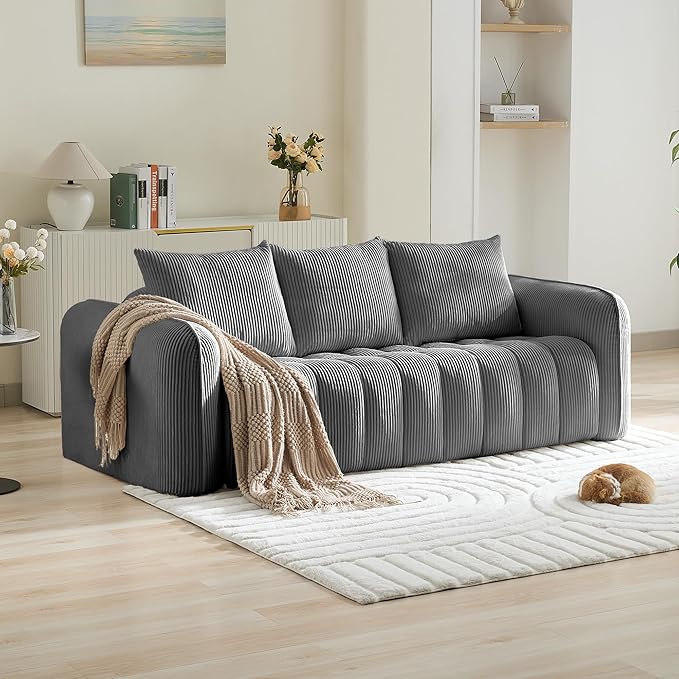 Corduroy Boneless Living Room Sets, Modern Upholstered 3 Seater Sofa with 2 Signle Accent Chairs, Comfy Deep Seat Cloud Sofa Couch Sets for Living Room, Grey