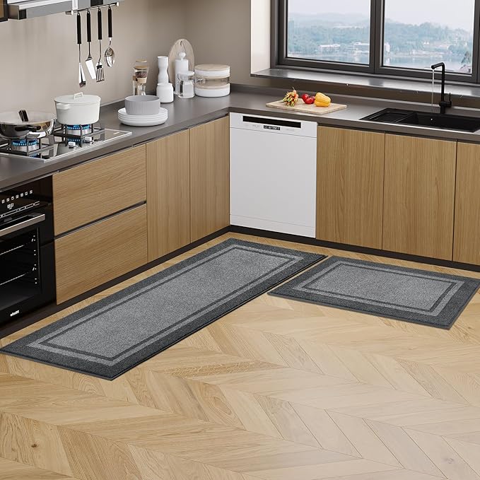 Kitchen Rugs 24" x 70", Non-Slip Machine Washable Kitchen Runner Rugs Floor Mats, Absorbent Comfort Standing Mats for Kitchen, Sink, Laundry and Hallway, Rolled Packaging, Light Grey & Dark Grey