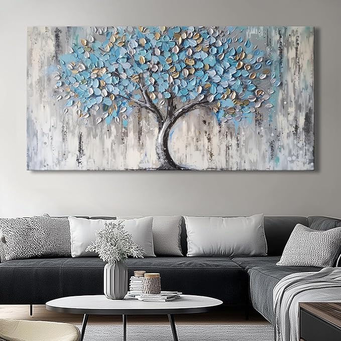 Blue Tree Canvas Wall Art - Modern Botanical Paintings for Living Room, Bedroom Wall Decor, Framed Wall Art for Home or Office Decoration, Large Wall Art 60x120cm(24x48in)
