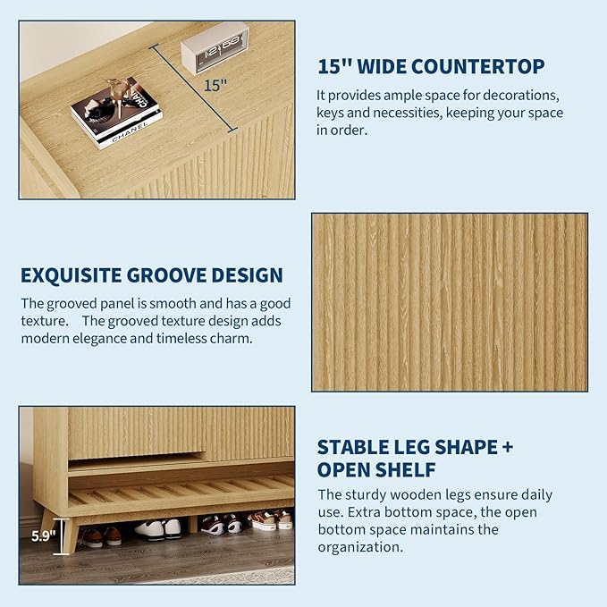 IDEALHOUSE Fluted Shoe Cabinet Storage with 2 Flip Drawers & Sliding Door & Adjustable Shelf Rack,Freestanding Wood Narrow Hidden Shoe Organizer for Entryway, Hallway, Living Room