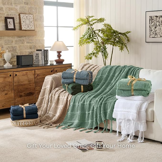 Boho Knitted Chenille Blanket with Tassels - Lightweight & Soft All-Season Throw - 3D Classic Pattern for Living Room Bedroom Couch, Sage Green, Throw 50"x60"