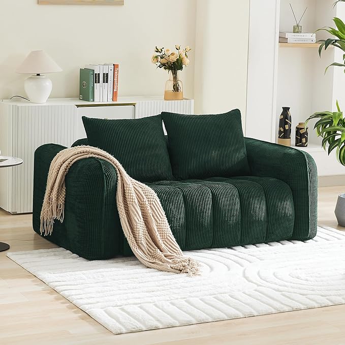 Corduroy Boneless Living Room Sets, Modern Upholstered Loveseat with 2 Signle Sofa Chairs, Comfy Deep Seat Cloud Sofa Couch Sets for Living Room, Green