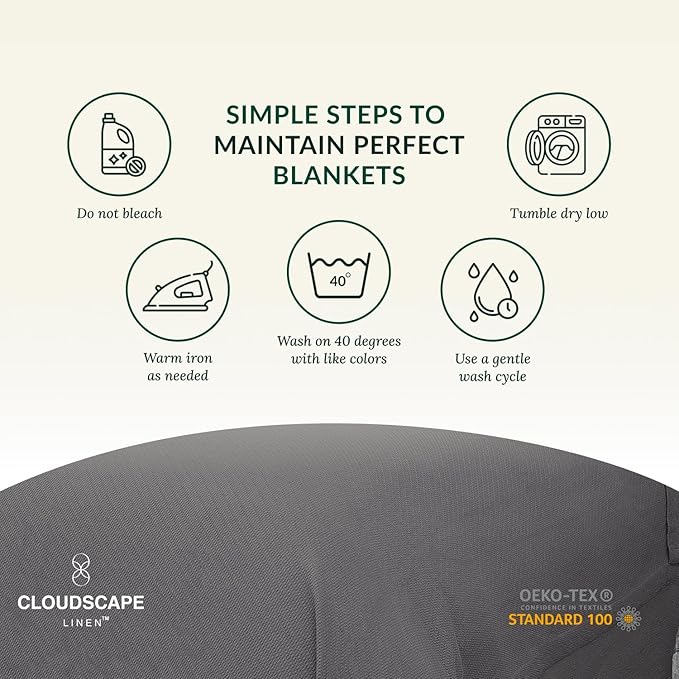 Cloud Scape Linen 100% Cotton Blanket 92x92 Sharkskin - Cozy Herringbone Weave, Fits Up to for Full Size Beds, Breathable Softness, All-Season Warmth, Winter Blanket, for Women