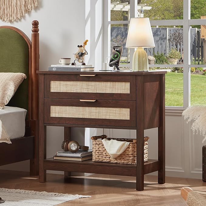LEYAOYAO 31.5" Wide Rattan Night Stand, Large Boho Nightstand, Bedside Table with Storage, Tall Bed Side End Tables, Chest of Drawers for Bedroom, Living Room, Hallway(Walnut,2 Drawers with Charger,2)