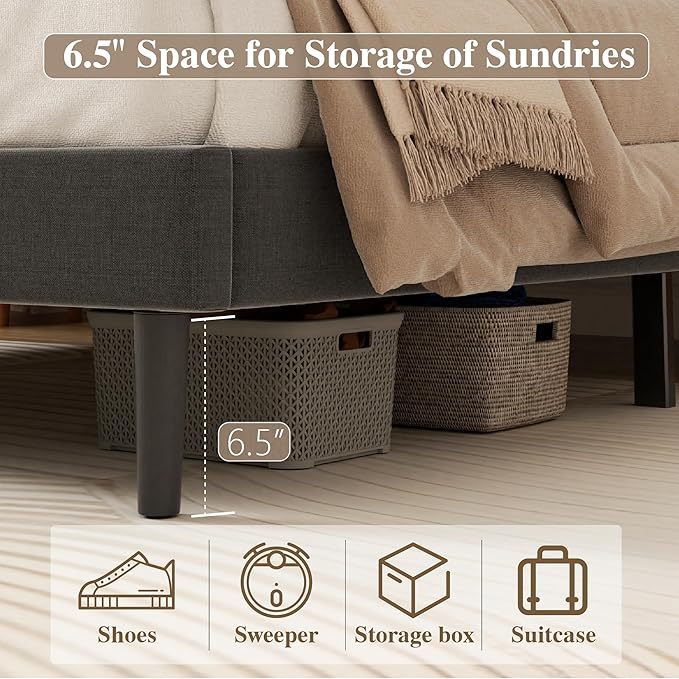 King Size Bed Frame with Diamond Tufted Headboard, Linen Upholstered Platform Bed and Wooden Slat Support, Noise-Free, No Box Spring Needed, Easy Assembly, Dark Grey