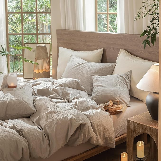 MooMee Wavy Striped Duvet Cover Set 100% Washed Cotton Linen Like Textured Breathable Durable Soft Comfy (Beige, Super King 108"x98")