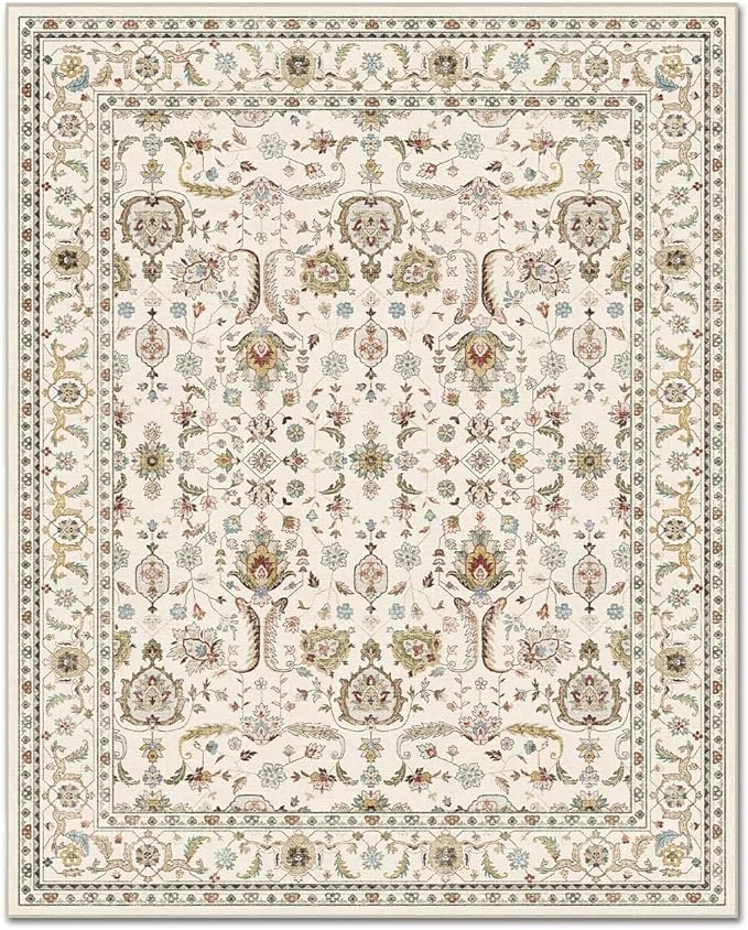 Washable 3x5 Entryway Rug, Boho Non-Slip Vintage Distress Small Rugs for Kitchen Nursery Office Bedroom, 0.3" Neutral Oriental Throw Thin Carpet with Cushioning Pad, Beige/Rust/Green/Multi
