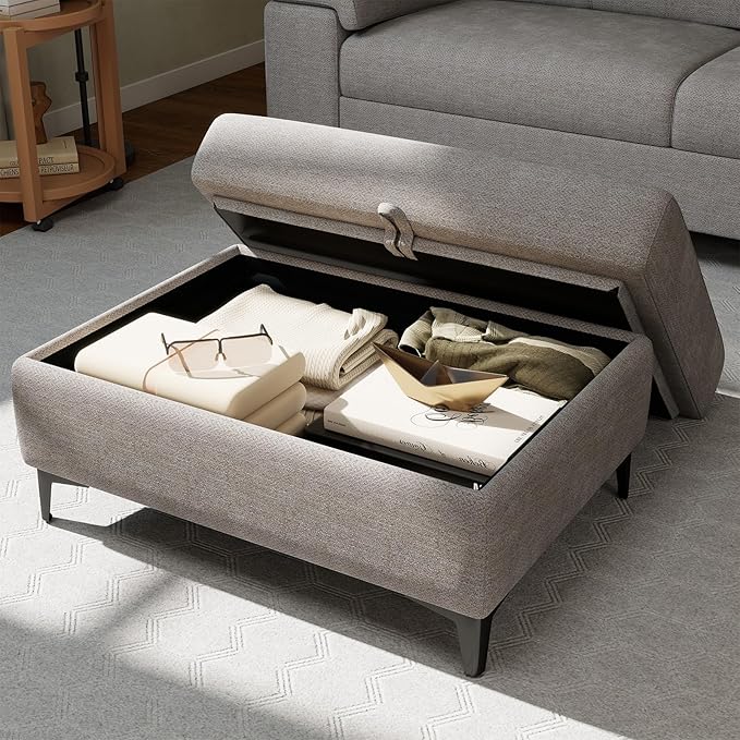 35" Large Storage Ottoman for Living Room, 7.8" Deep Seat Rectangular Ottoman Foot Rest for Couch, Chenille Storage Footstool Load 350 lb (Light Gray