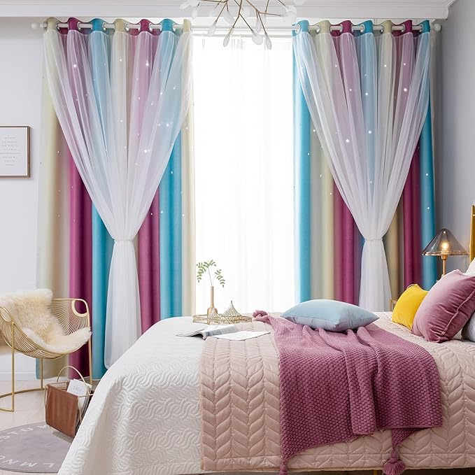 Star Blackout Curtains - Bedroom Cute Kids Rainbow, 96 Inch Long 2 Panels, Purple & Blue, 42 x 96 Inch