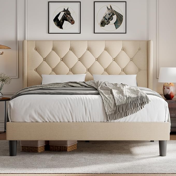 iPormis Full Size Platform Bed Frame with Button Tufted Headboard, Upholstered Bed Frame with Solid Wooden Slats, 8" Underbed Space, No Box Spring Needed, Noise Free, Easy Assembly, Beige