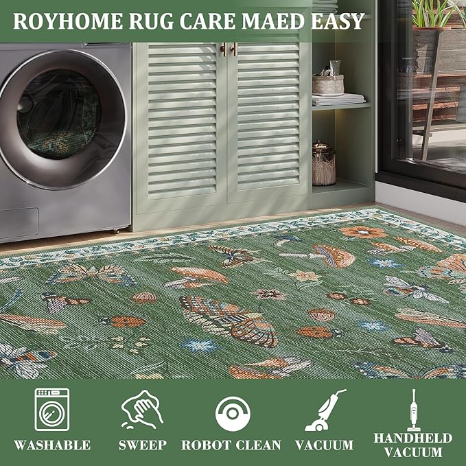 Washable Rug 9x12 Area Rugs for Living Room, Mushroom Insect for Bedroom, 9x12 Rug Non Slip Carpet with Rubber Back, Low Pile Stain Resistant Modern Carpet for Dining Room Dorm, Green
